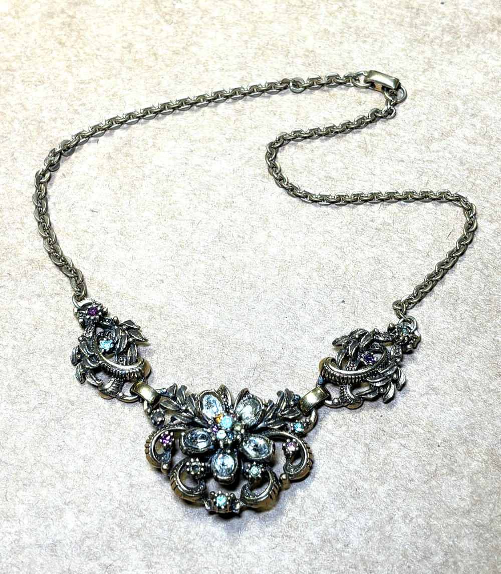 Vintage Coro Rhinestone Statement Necklace Floral Design 14” AS IS